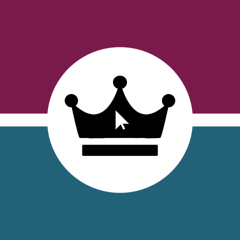 Sesirgnikeht's logo, featuring a black crown with a white mouse pointer in the middle on a white circle and a raspberry and teal background.